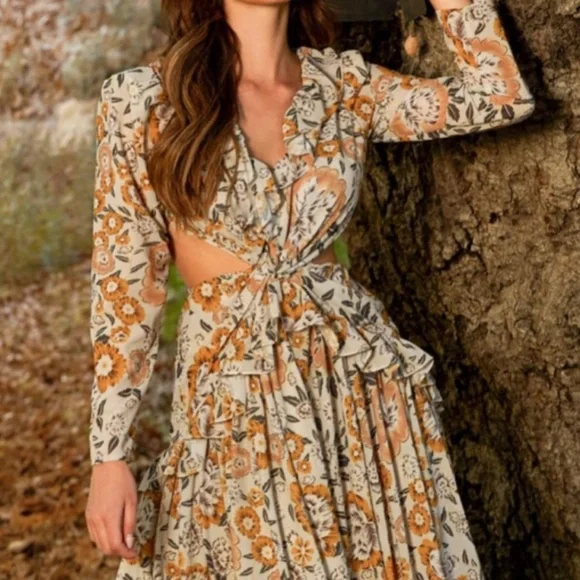 Bohemian backless long sleeve cutout built in bikini maxi dress - Picture 8 of 8